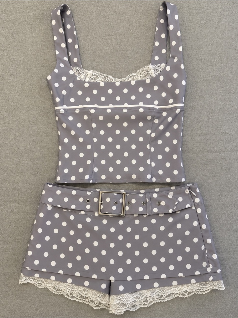 I.AM.GIA Melda Gray Polka Dot Lace-Trim Camisole Set Festival Chic
